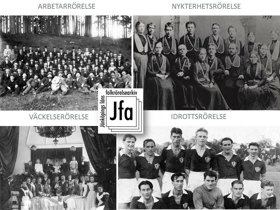 Fyra stycken gruppbilder på folkrörelser: strejkande arbetare i skogsparti, nykterhetsloge iklädda regalier, gruppbild i frikyrka, klassisk fotbollslagbild. I mitten folkrörelsearkivets logga i svart och vitt.